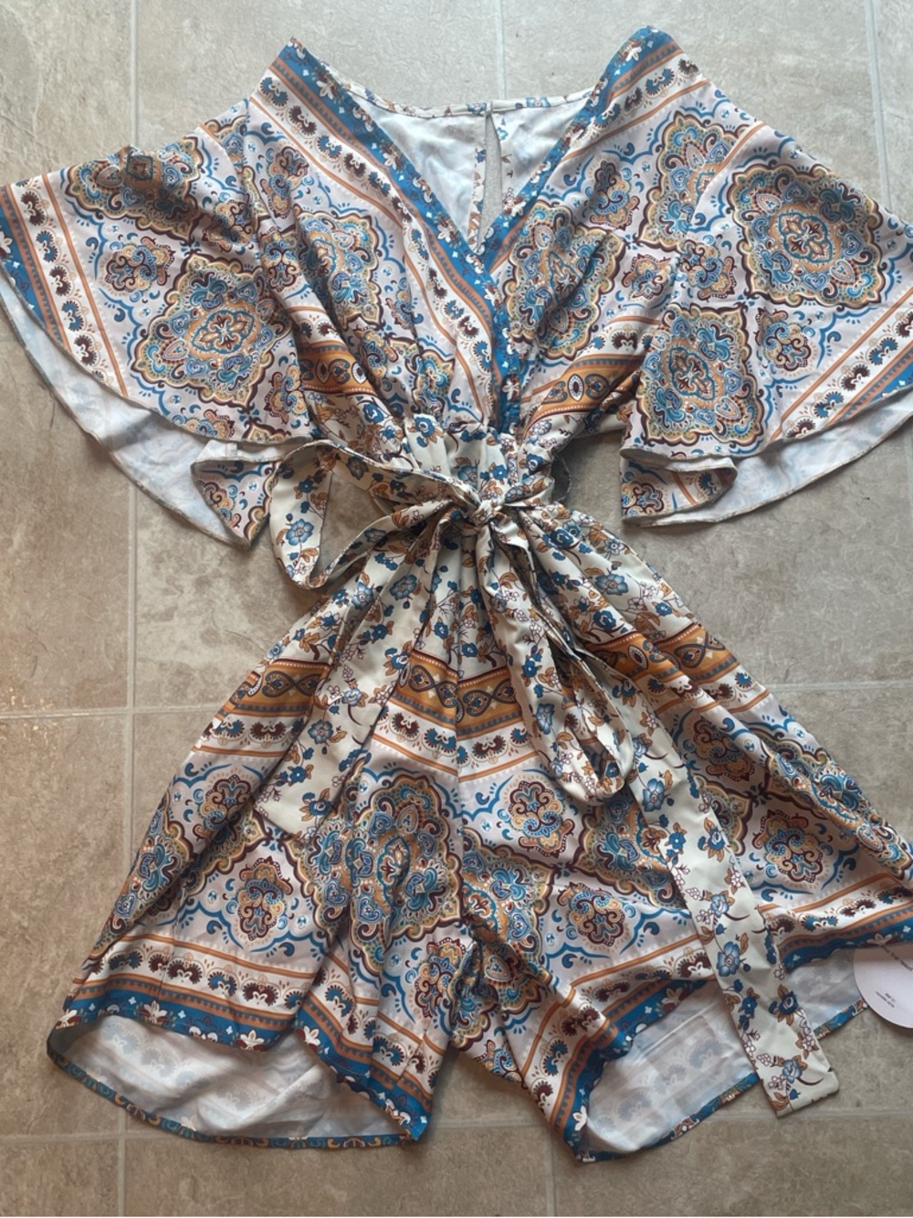 SHEIN VCAY Paisley Romper 2XL Boho Wrap Belted V Neck Bell Sleeve